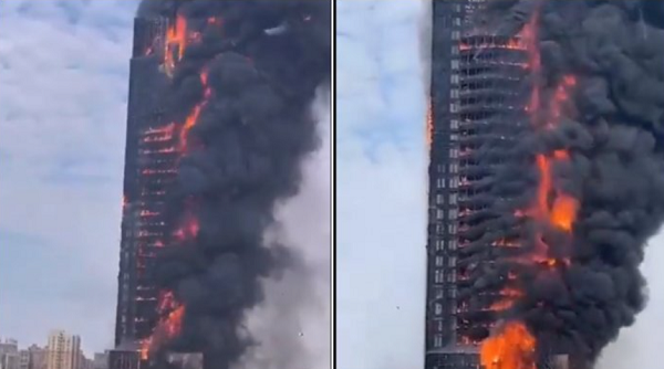 Голям пожар избухна в сграда висока над 200 метра в