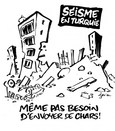 Шарли Ебдо публикува днес карикатура изобразяваща разрушенията от катастрофалното земетресение