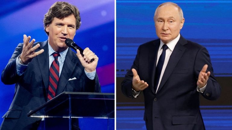 Тъкър Карлсън и Владимир Путин, колаж: sky news