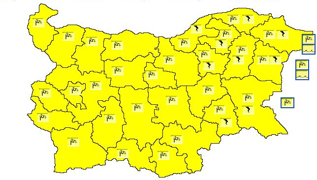 Жълт код е обявен за цяла България за утре 27