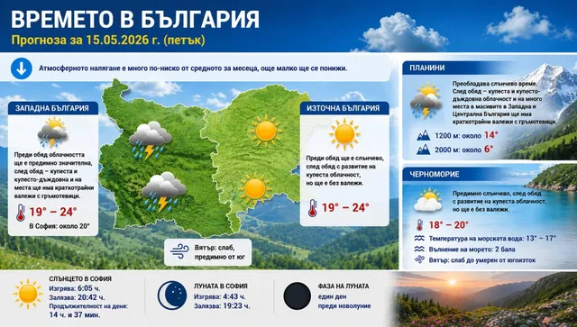 Слънце на изток, гръмотевици на запад: Времето в България на 15 май ще раздели страната на две